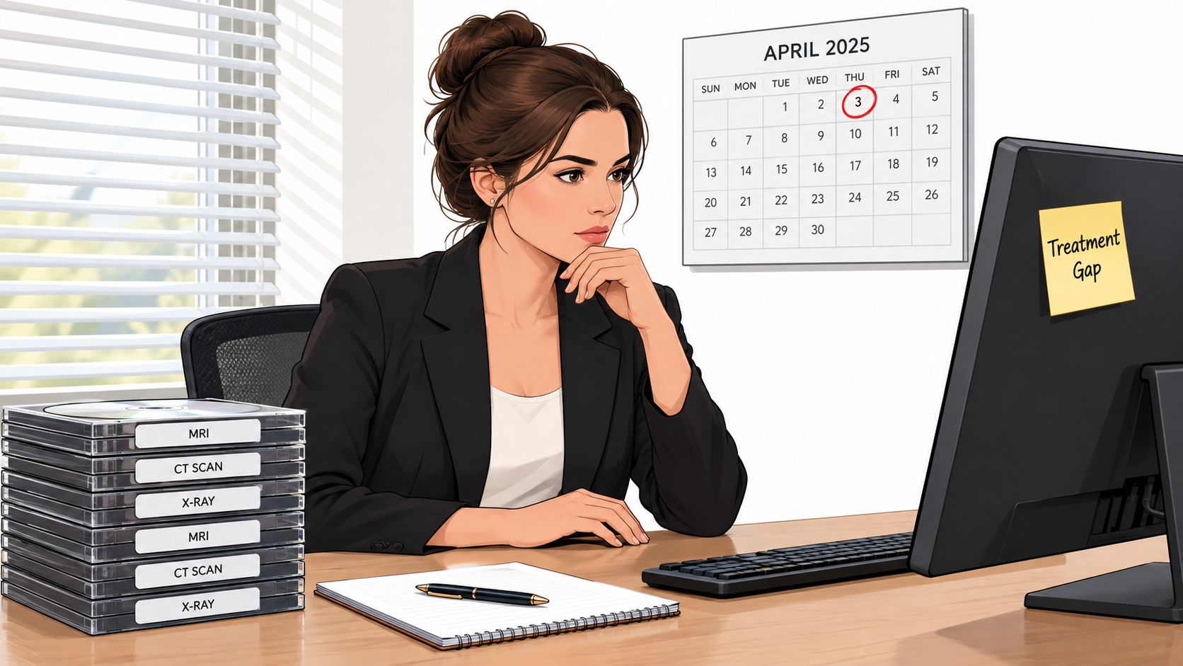 A professional woman reviews medical records and diagnostic images at her office desk during personal injury litigation support.