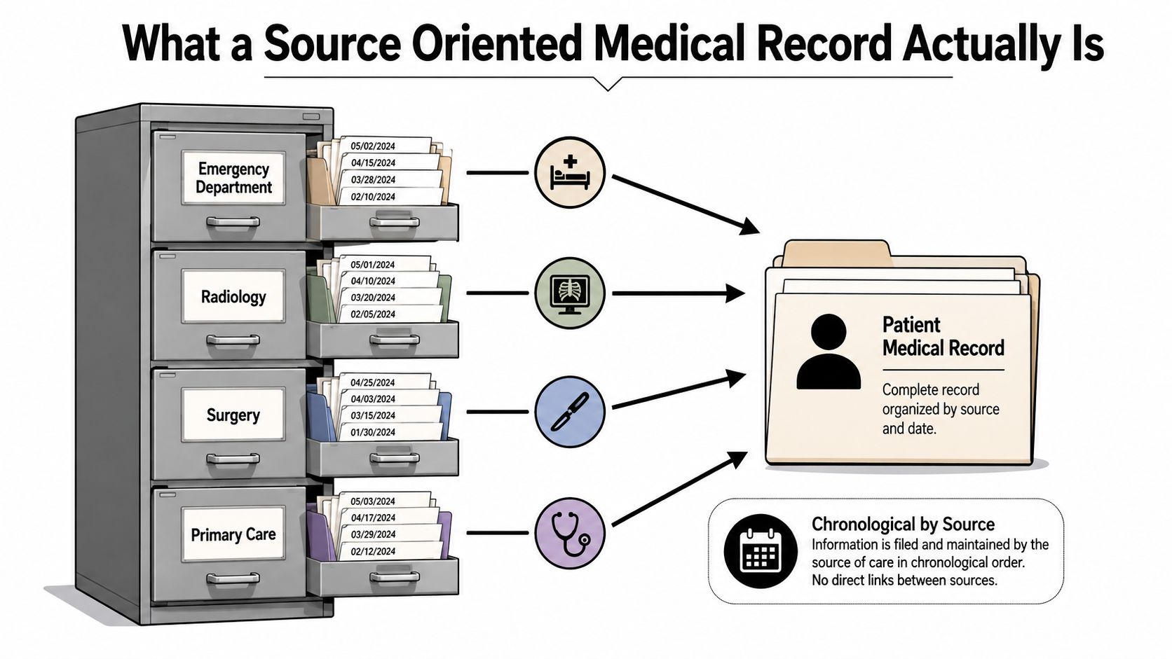 An infographic showing how medical documents are organized into a source oriented medical record system by department.