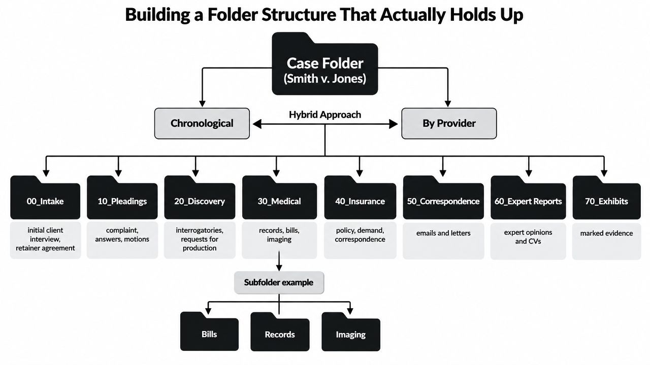 A diagram illustrating a suggested legal case folder structure for organizing documents in a law firm.