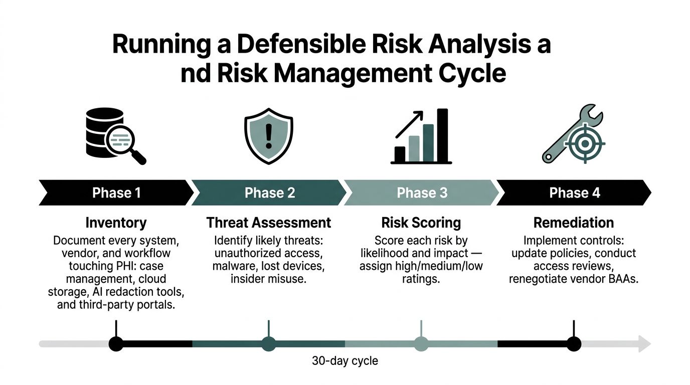 A four-phase diagram outlining a defensible risk analysis and management cycle for HIPAA compliance.