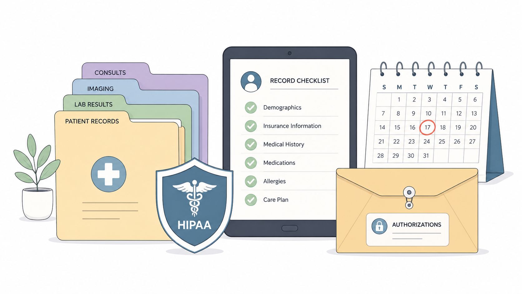 A digital tablet displaying a medical record checklist, HIPAA shield, patient folders, calendar, and legal authorization envelope.