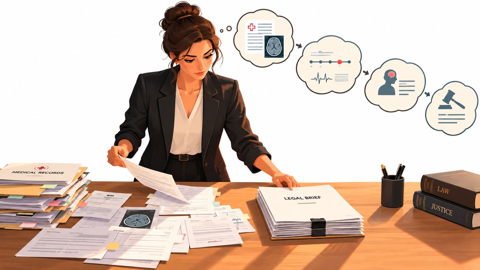 A professional lawyer reviewing medical records to prepare a formal legal brief for a case.