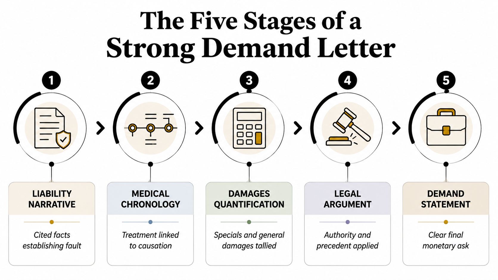 An infographic titled The Five Stages of a Strong Demand Letter displaying five sequential steps for legal drafting.