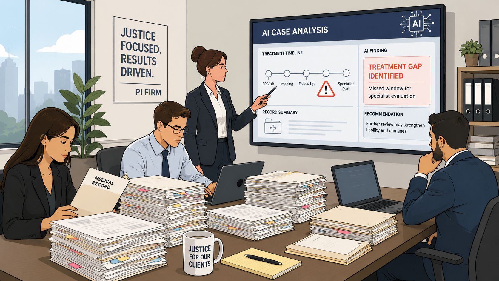 A professional legal team reviewing medical records and AI case analysis in a modern law firm office.