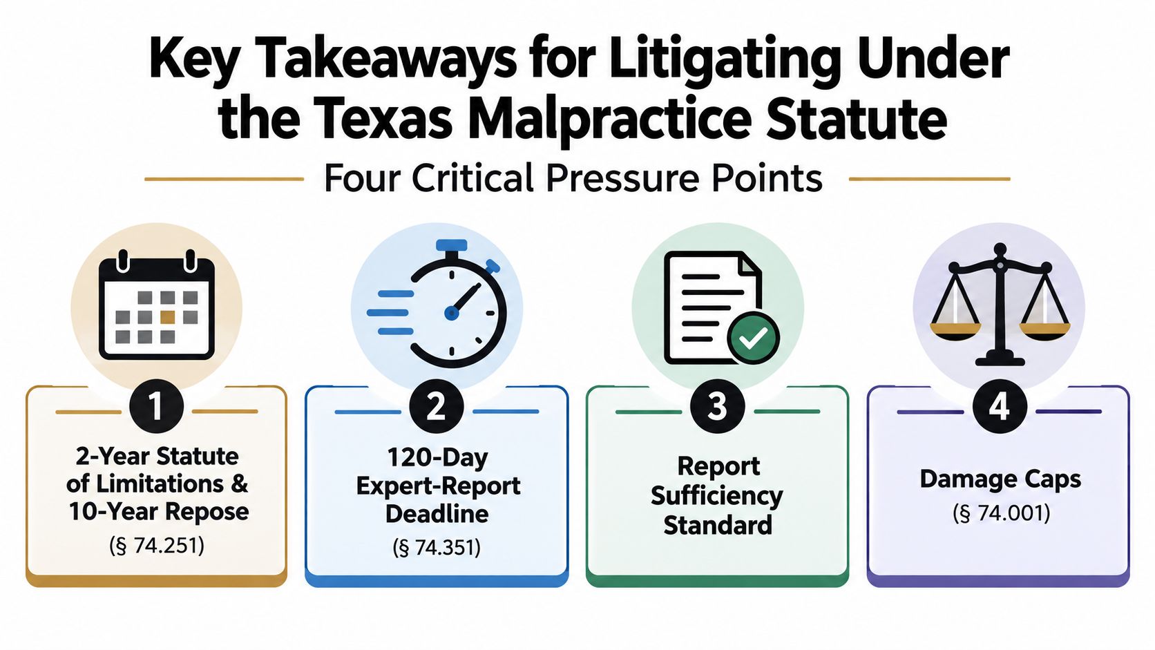 An infographic titled Key Takeaways for Litigating Under the Texas Malpractice Statute showing four critical legal pressure points.