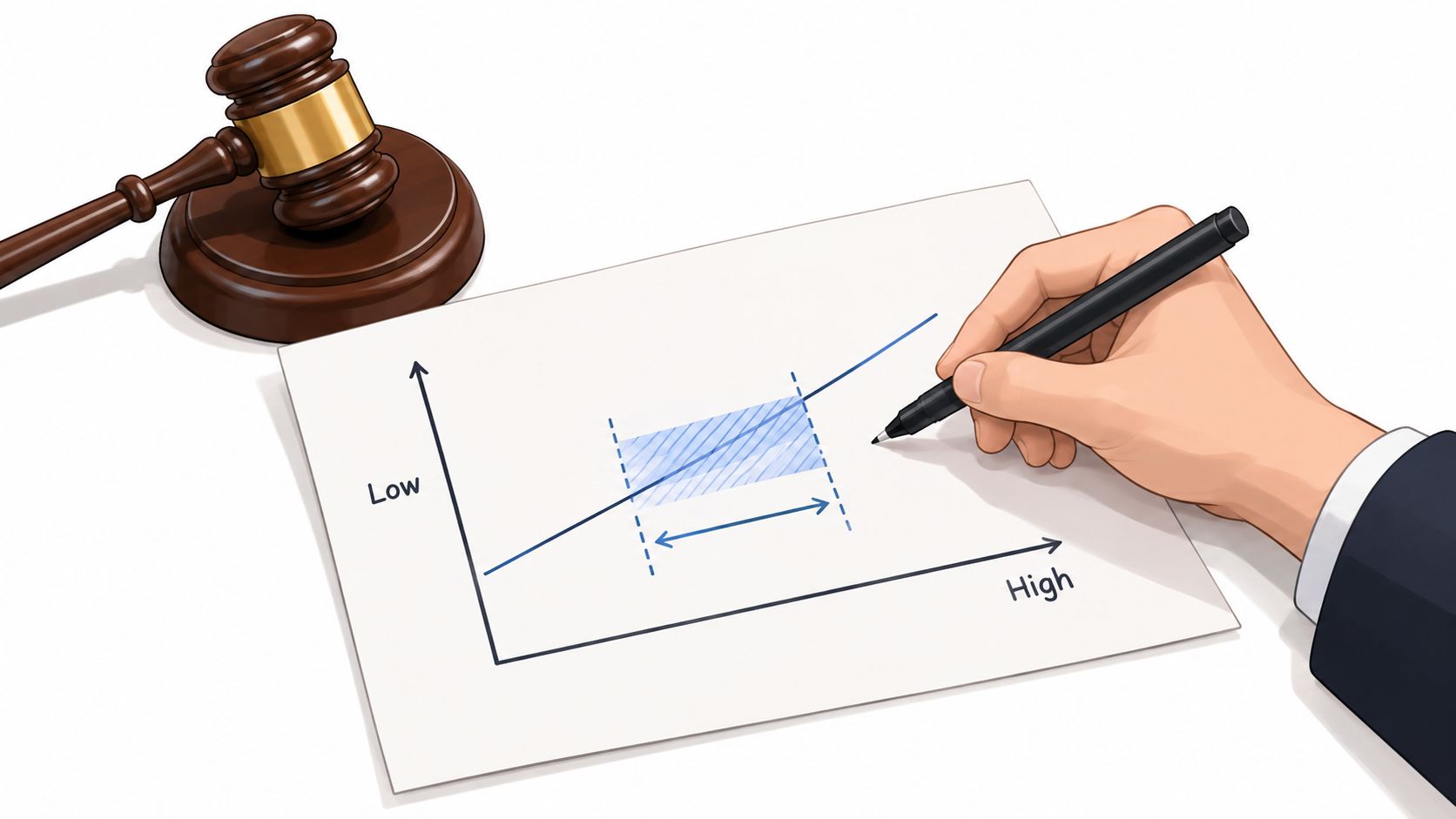 A gavel resting next to a hand drawing an upward trend line on a legal document.