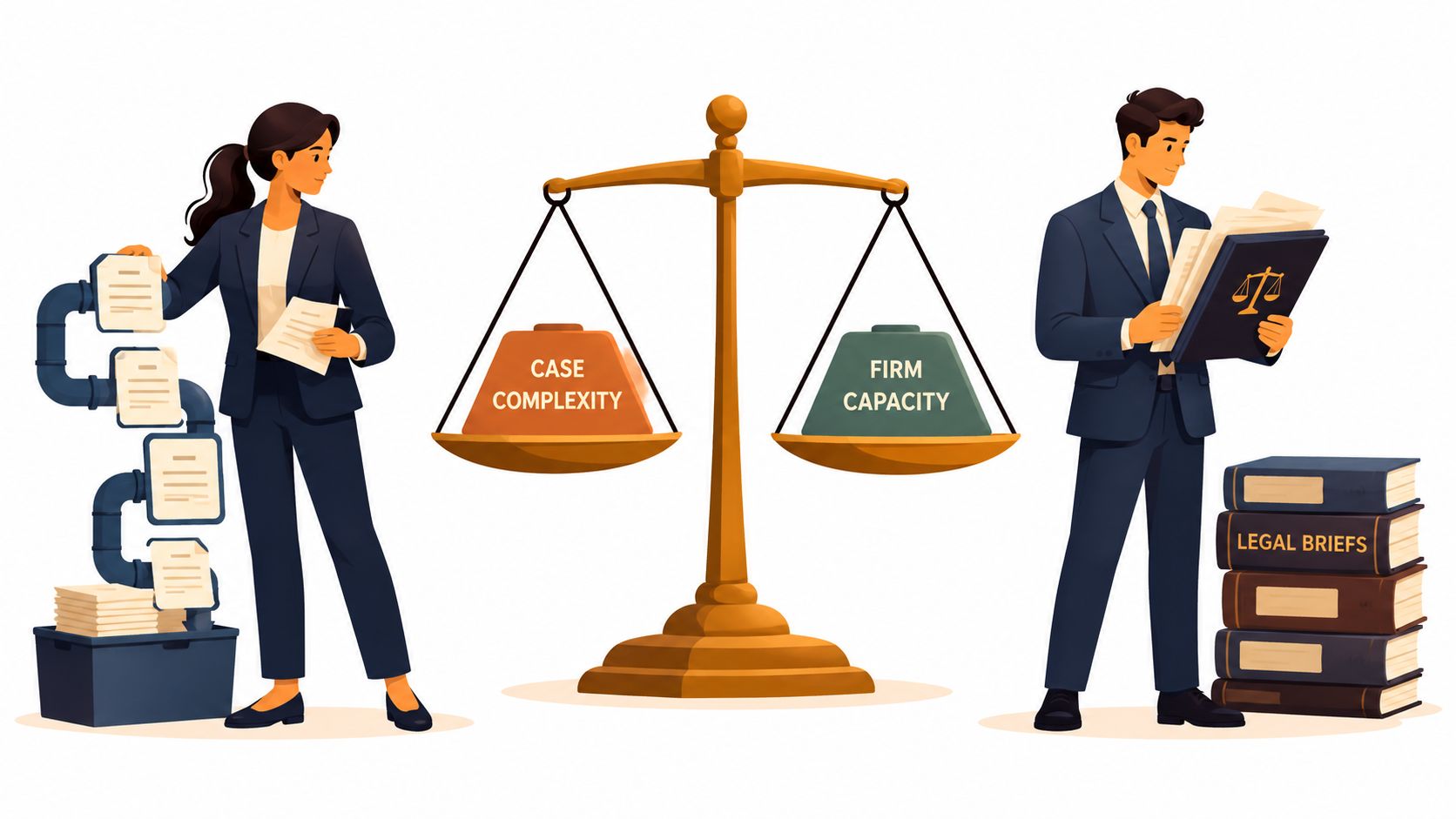 A professional illustration showing legal balance between case complexity and firm capacity with two lawyers.
