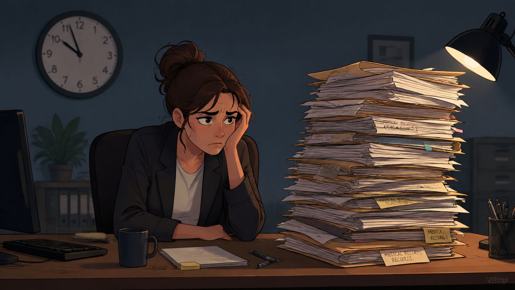 A tired office worker sitting at a desk looking overwhelmed by an extremely tall stack of paperwork.