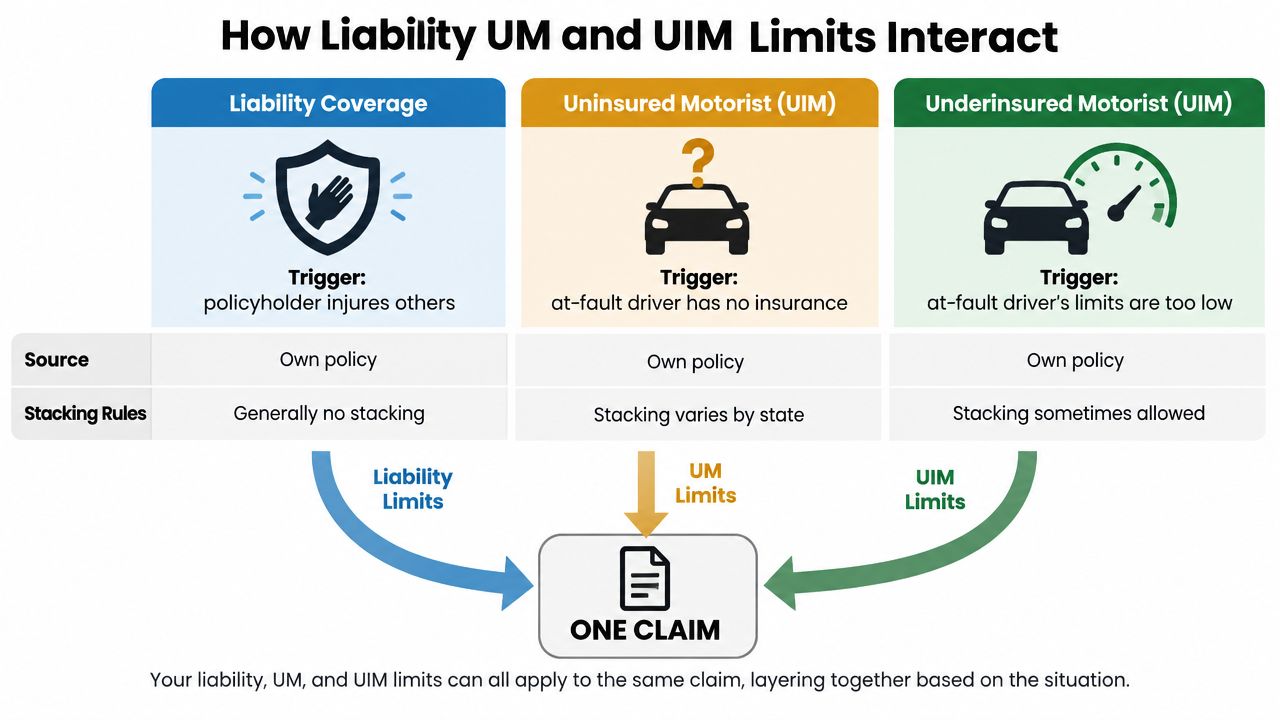 A diagram explaining how liability, uninsured motorist, and underinsured motorist insurance limits interact in a single claim.