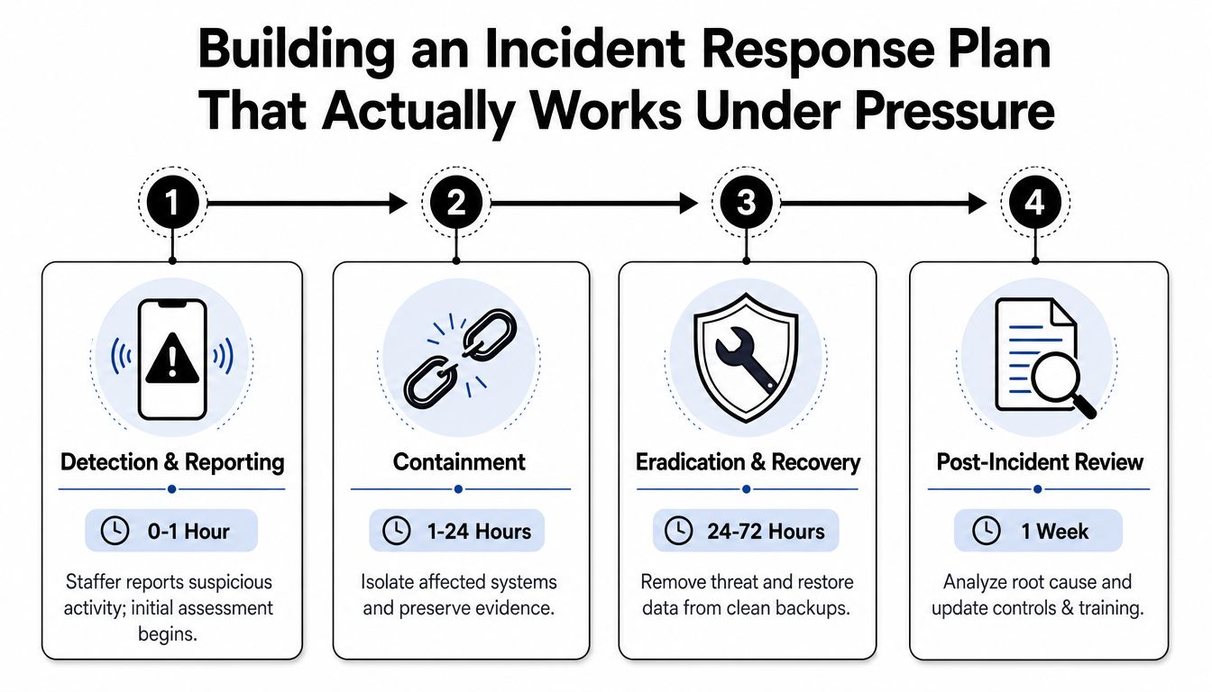 A four-step infographic illustrating the incident response plan process with timeframes for each stage of security management.