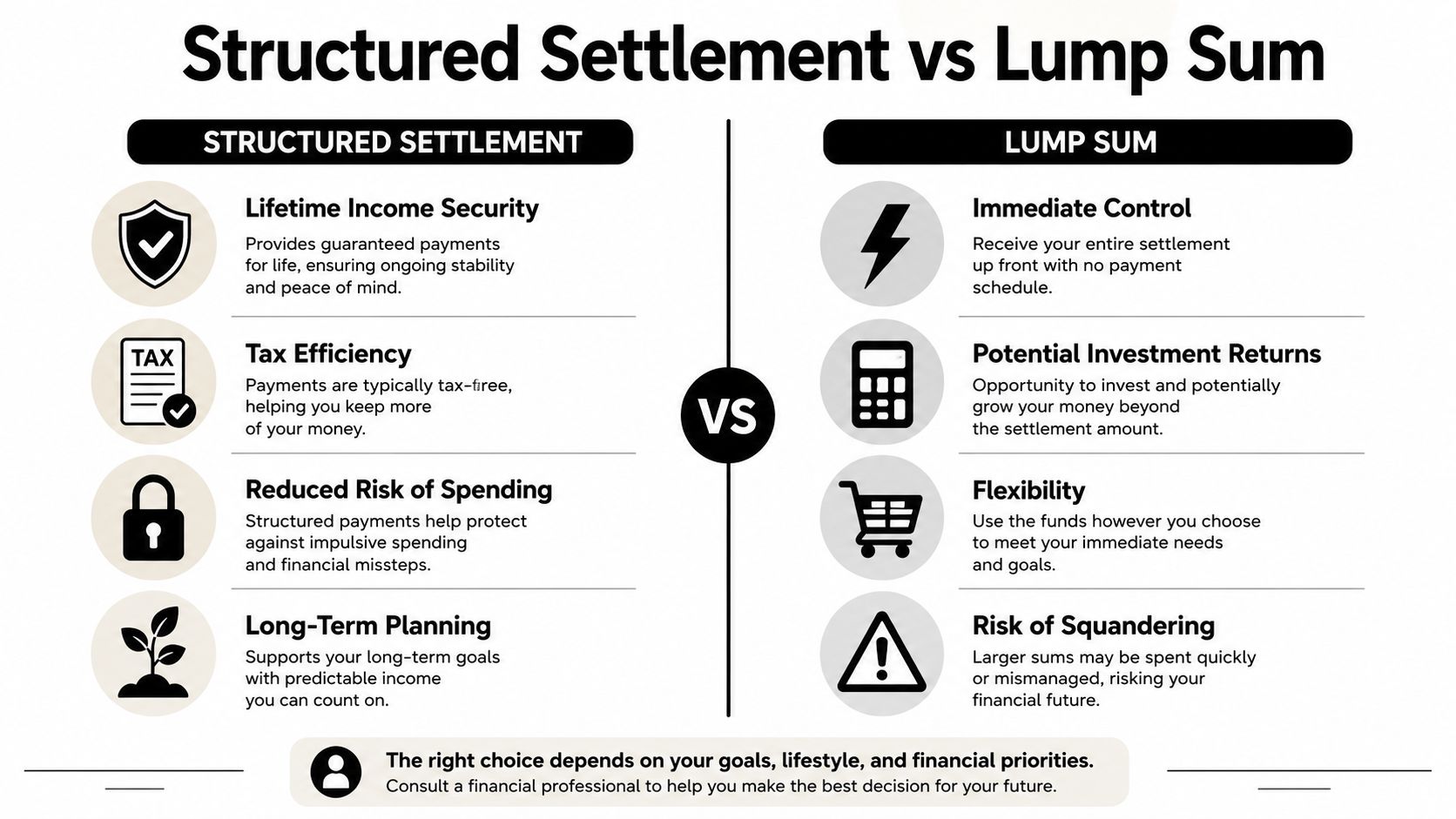 A comparison infographic detailing the pros and cons of choosing between a structured settlement and lump sum.