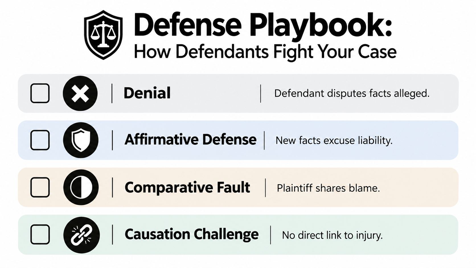 A legal infographic titled Defense Playbook explaining common defense tactics: denial, affirmative defense, comparative fault, and causation challenge.