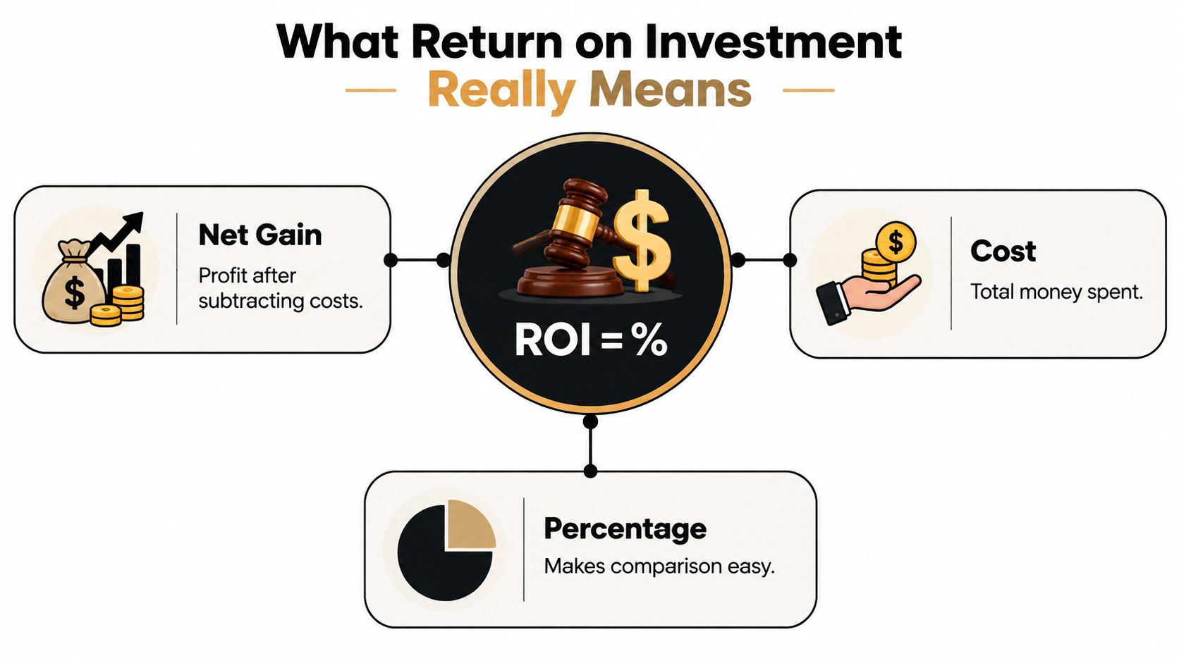 An infographic explaining Return on Investment (ROI) with icons for net gain, cost, and percentage calculations.