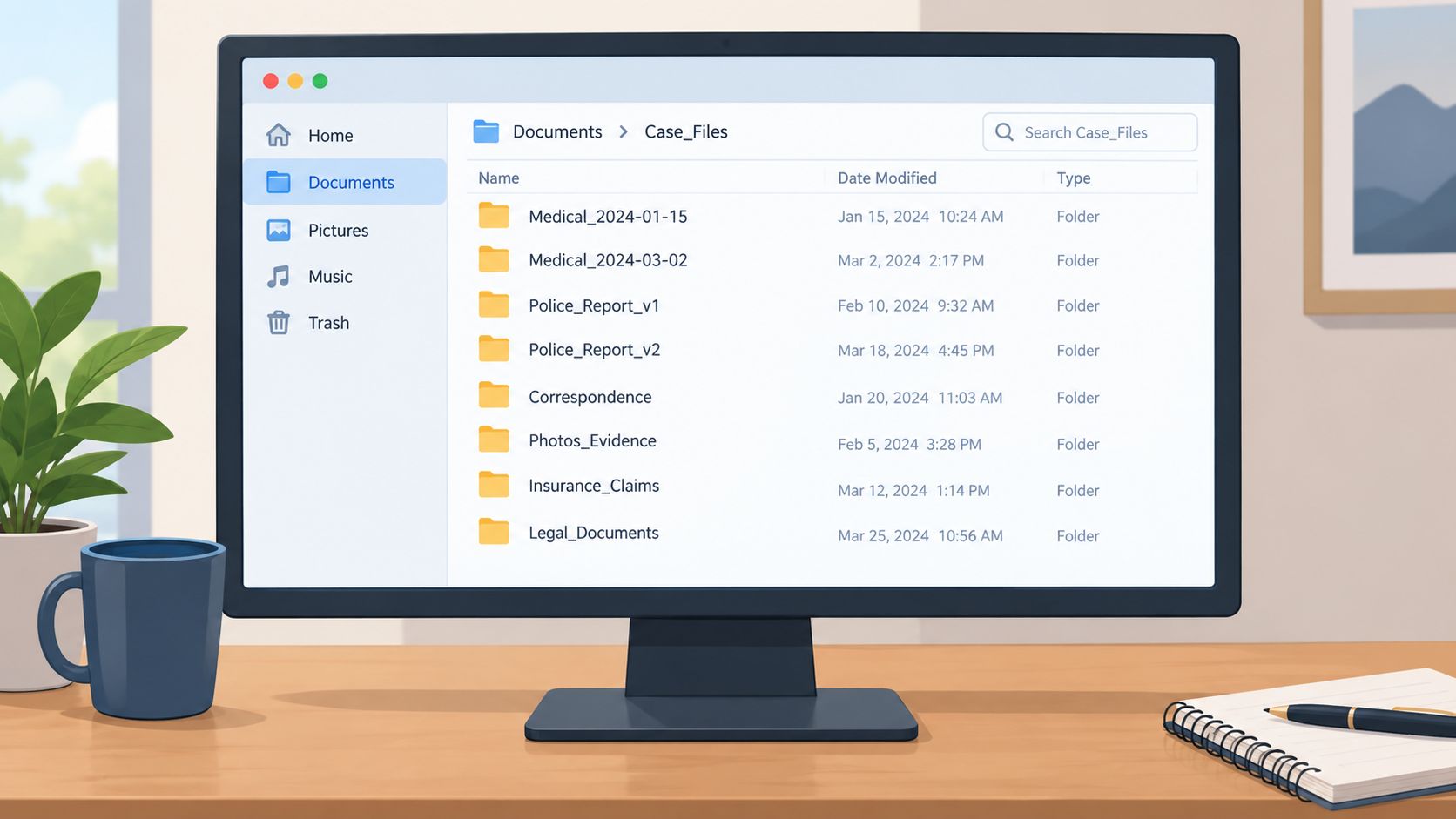 A desktop computer monitor displaying a folder structure labeled Case_Files with various legal and medical documents.