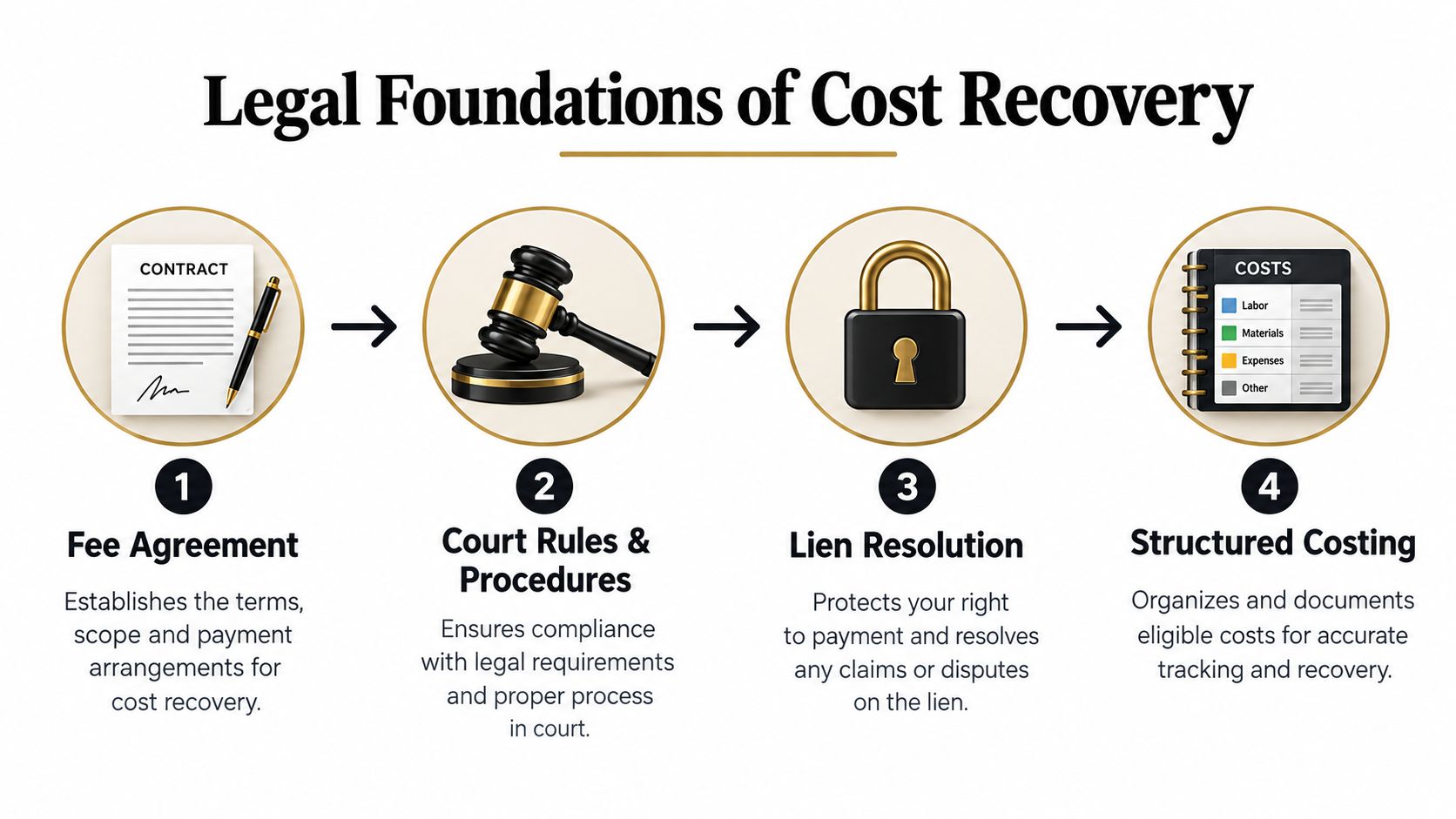 A four-step infographic illustrating the legal foundations of cost recovery, starting with agreements and ending with structured cost tracking.