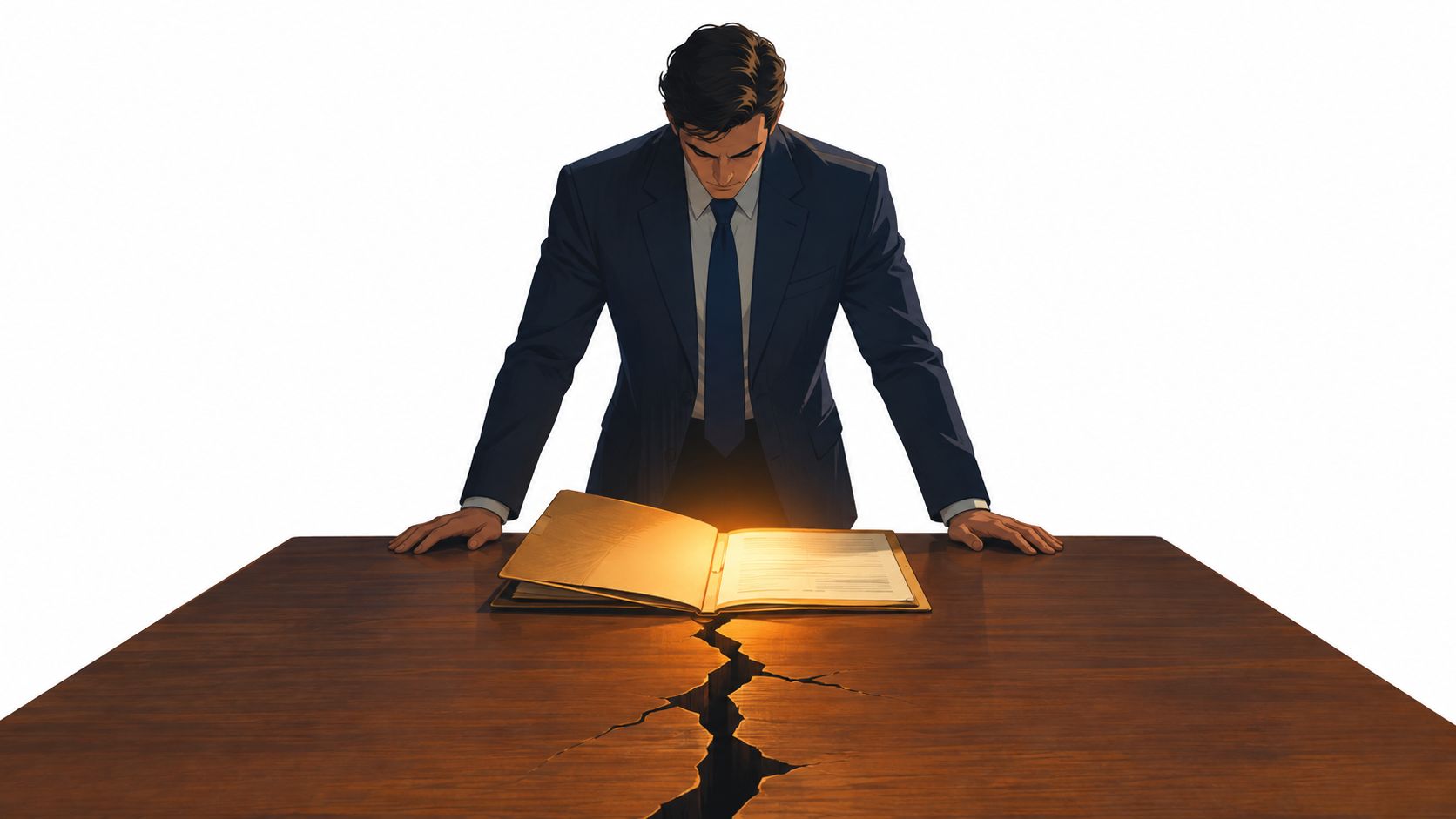 A professional man in a suit looking down at a glowing document on a cracked wooden table.