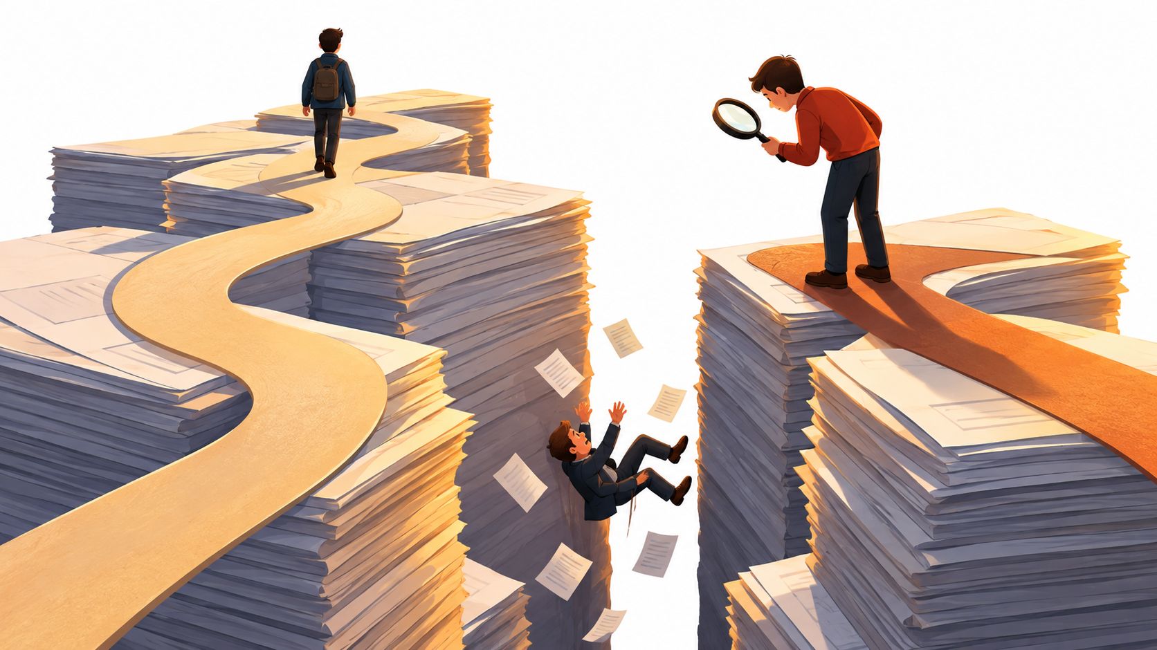 A conceptual illustration showing a person falling into a gap between large stacks of paper documents.