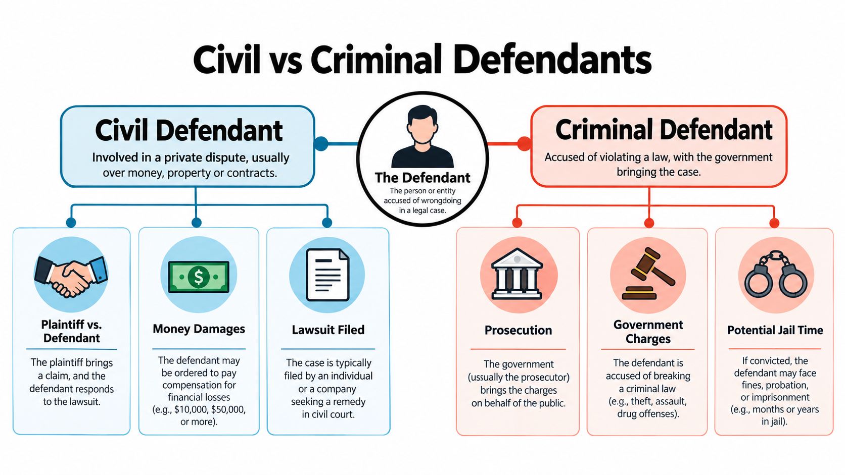 A comparison chart showing the differences between civil defendants in private disputes and criminal defendants accused by government.