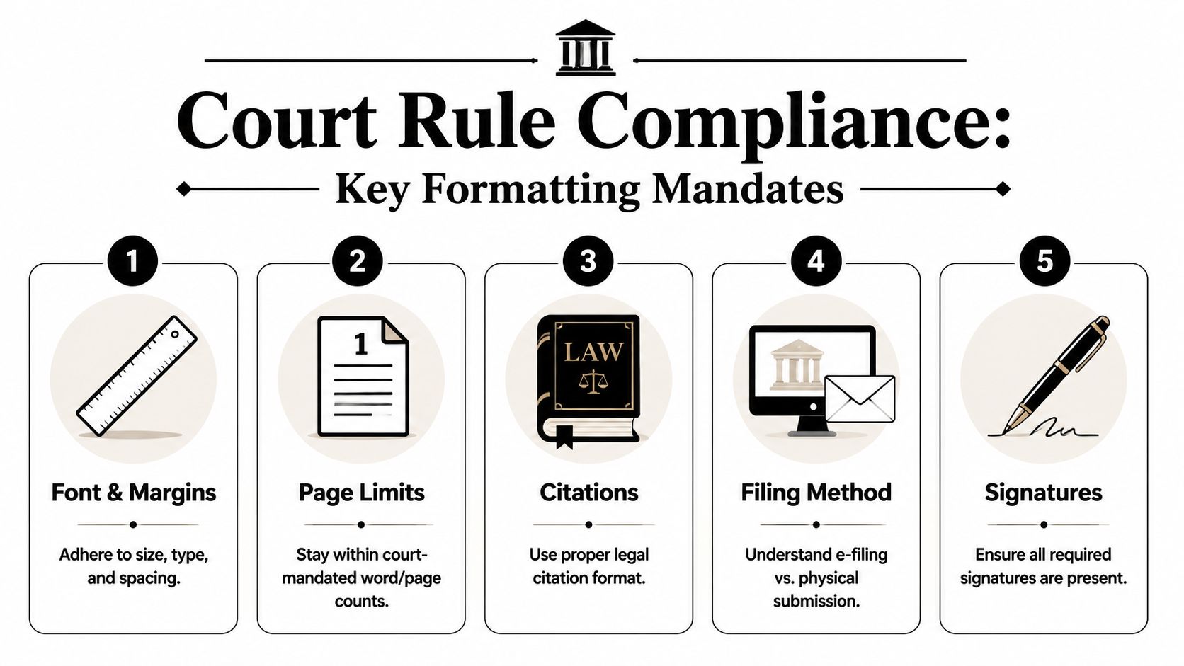 An infographic showing five key steps for maintaining legal court rule compliance in documentation.