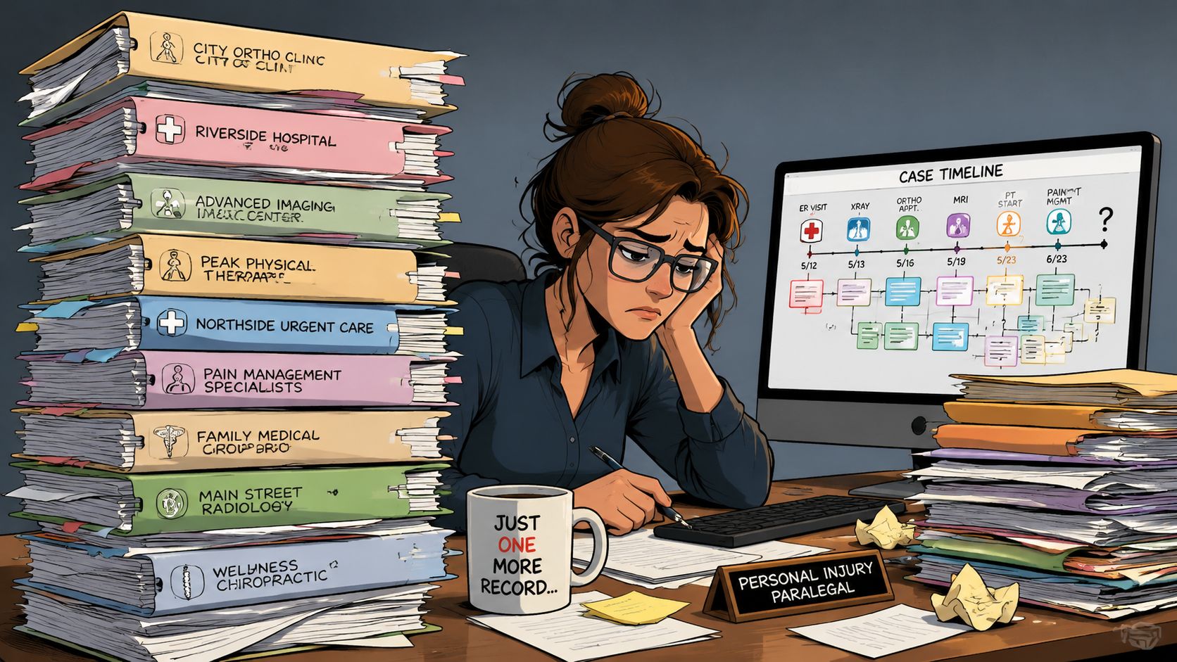 An overwhelmed paralegal at a desk surrounded by large stacks of medical files and case timeline software.