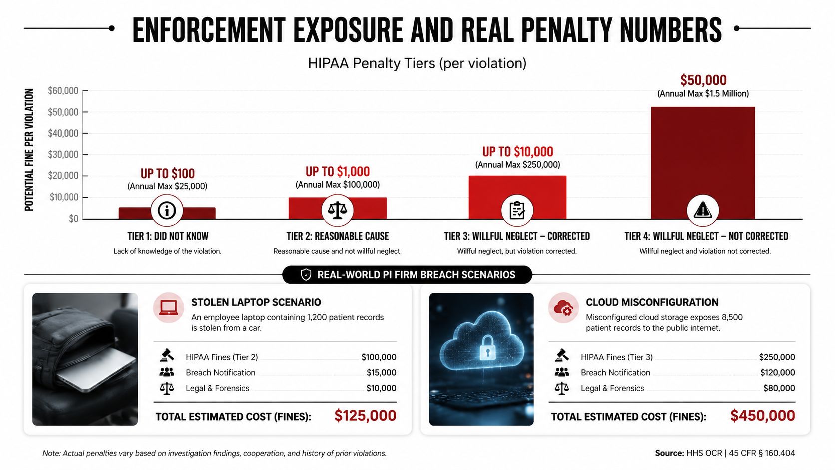 A chart showing HIPAA violation penalty tiers alongside real-world cost scenarios for data breaches.