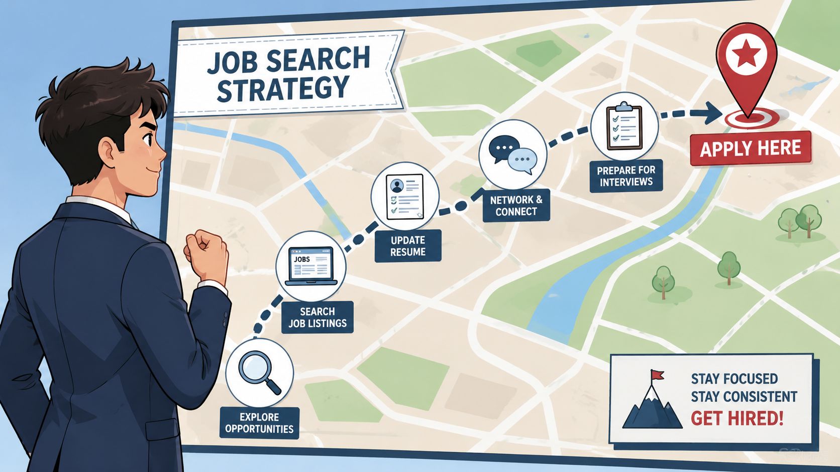 A professional man looking at a job search strategy map illustrating steps to get hired.