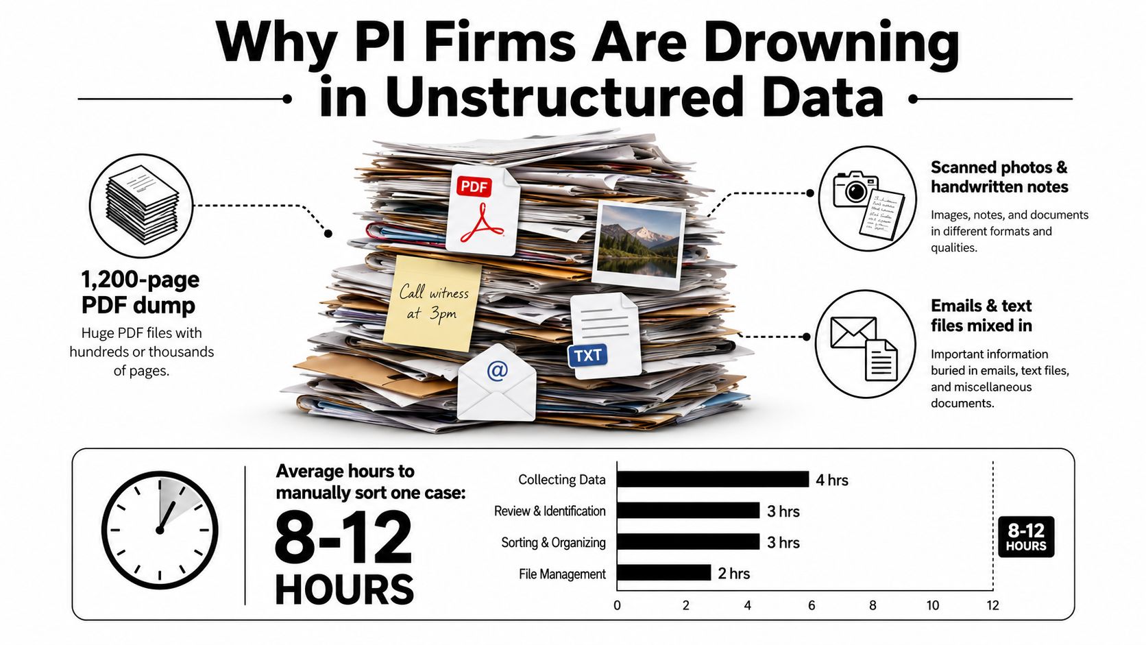 An infographic illustrating the challenges personal injury firms face managing large volumes of unstructured data.
