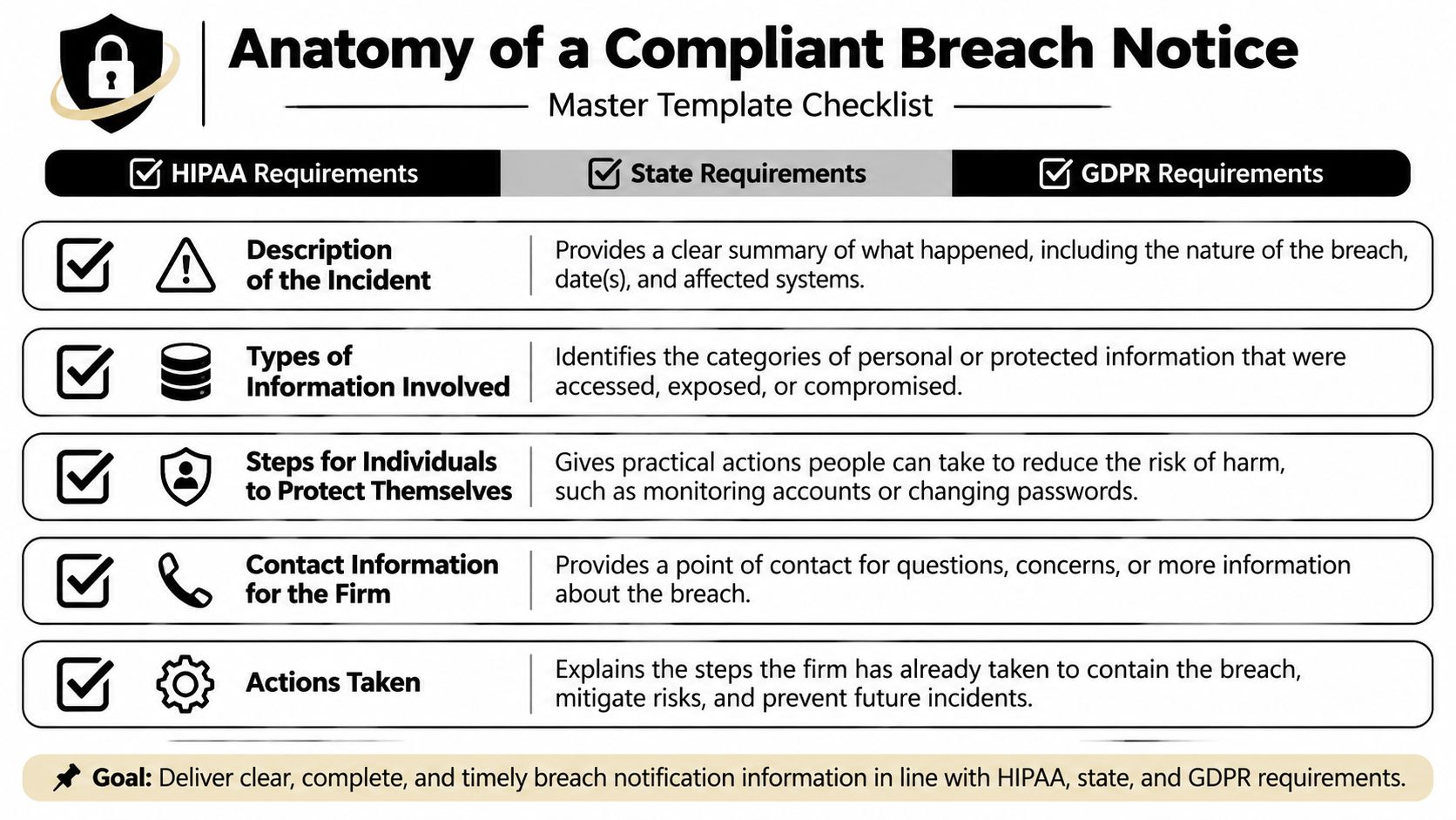 A checklist chart titled Anatomy of a Compliant Breach Notice detailing key components for data breach notifications.