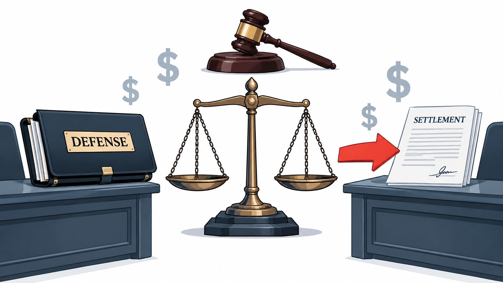 A courtroom scene featuring a defense file, a gavel, scales of justice, and a legal settlement document.
