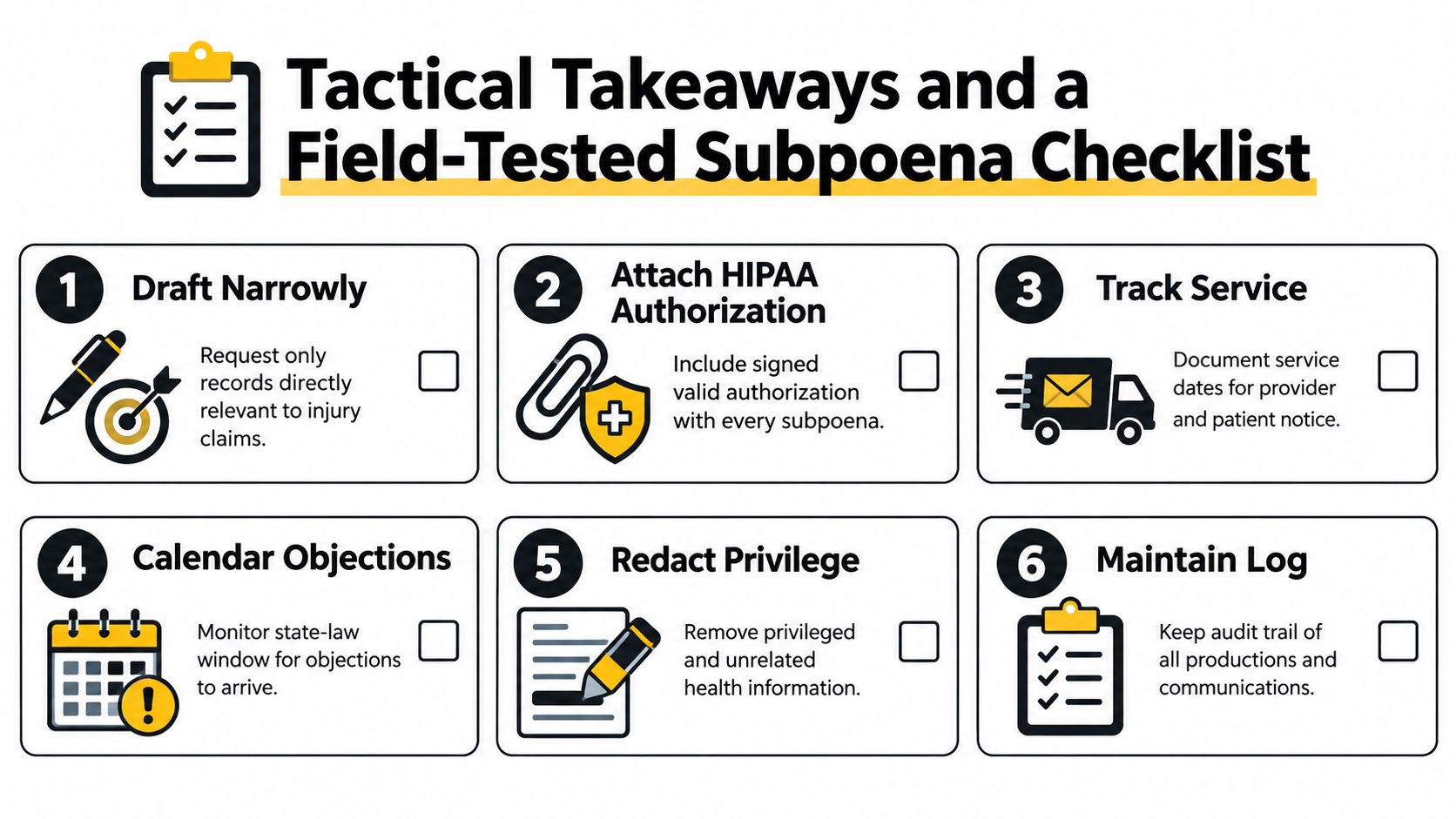A six-step tactical checklist for professionals managing subpoenas for medical records and patient health information.