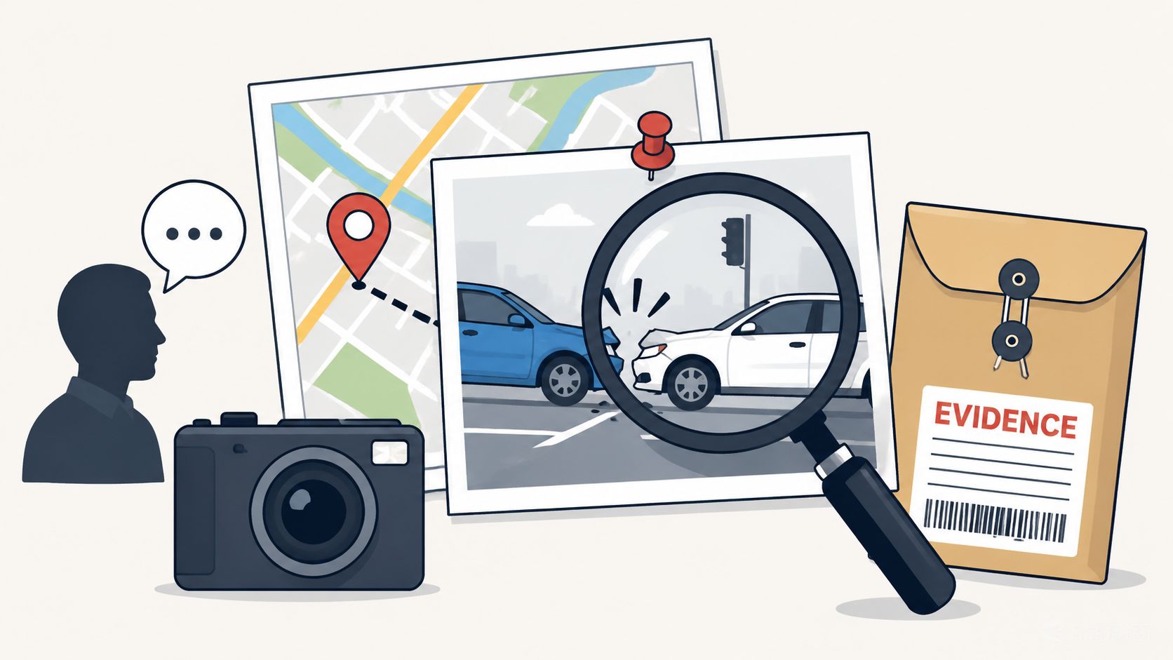 A magnifying glass inspecting a car accident photo alongside a map, camera, and an evidence envelope.