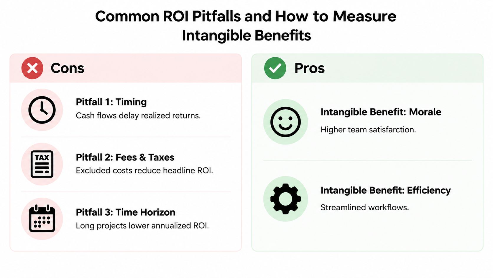 A chart highlighting common ROI pitfalls like timing and taxes alongside intangible benefits such as improved morale.