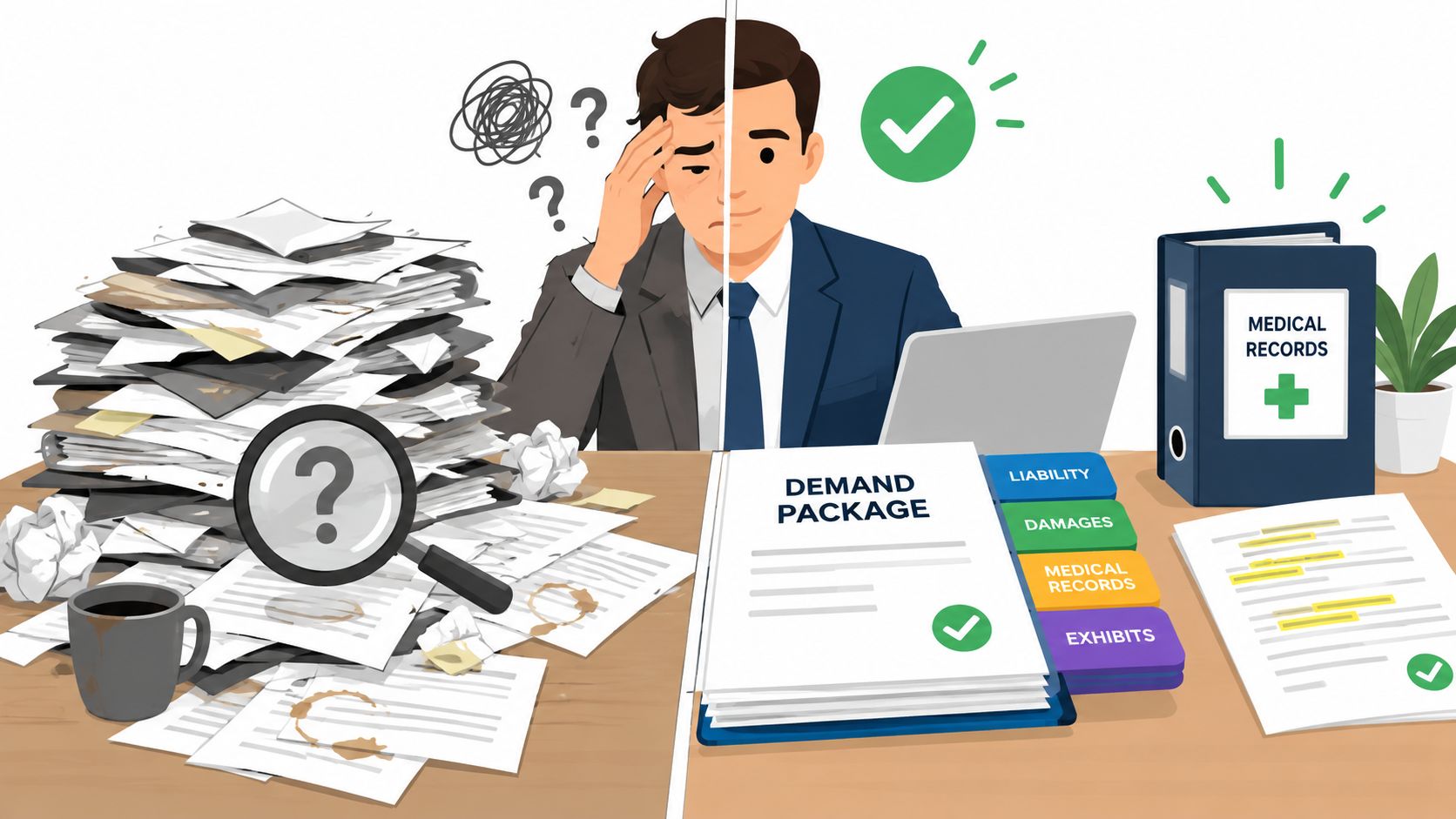 A split-screen illustration showing a stressed attorney with messy paperwork versus an organized attorney with a demand package.