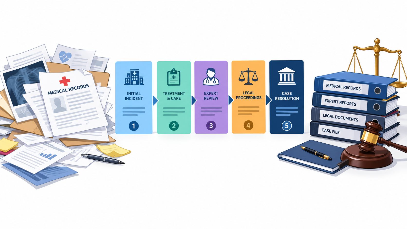 An infographic showing the five stages of a medical-legal case timeline from incident to final resolution.