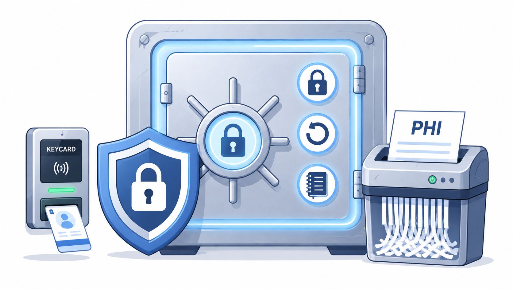 A secure safe, keycard scanner, and paper shredder illustrating data security and HIPAA compliance measures.