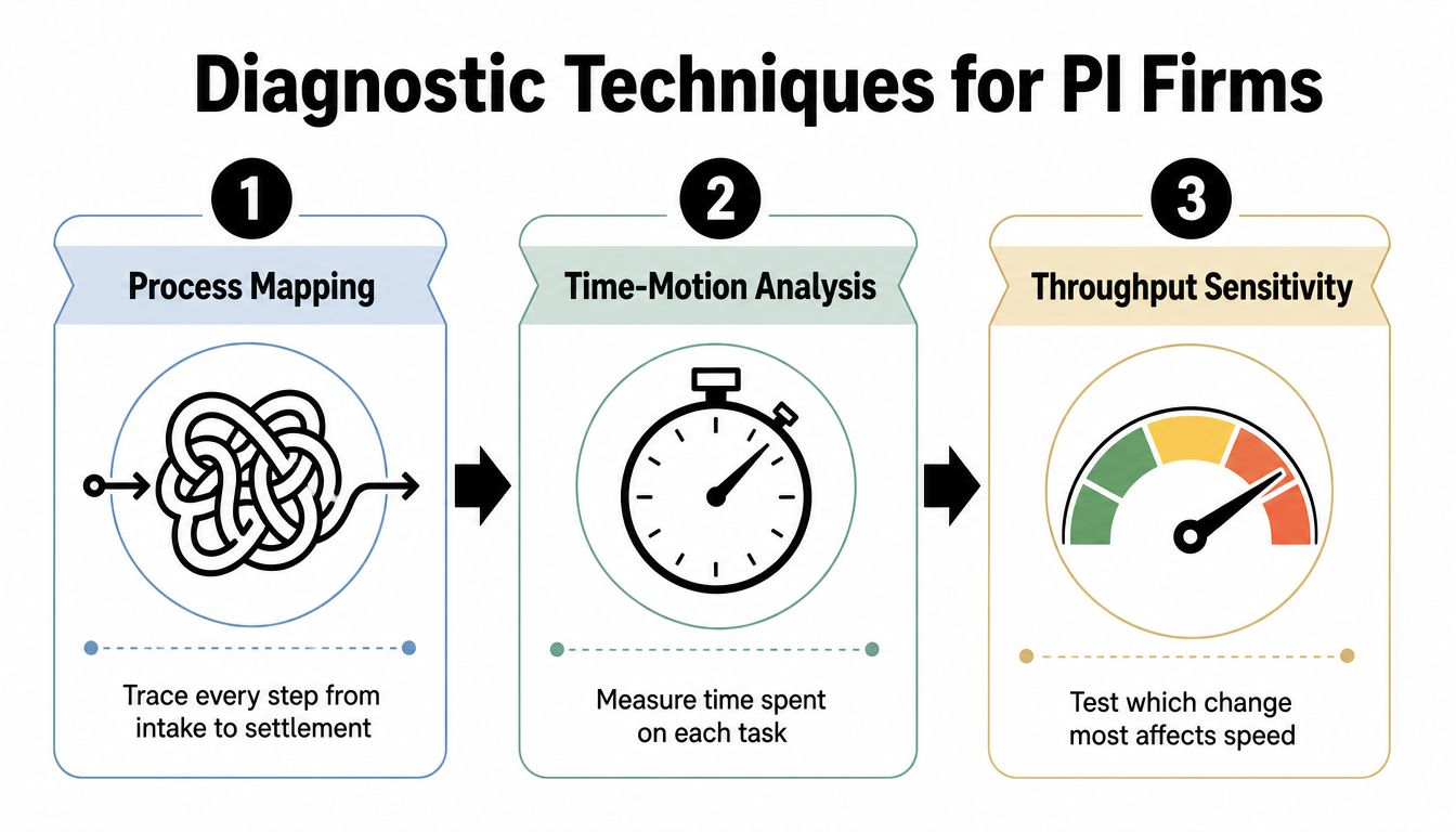 A diagram illustrating three diagnostic techniques for personal injury firms: process mapping, time-motion analysis, and throughput sensitivity.