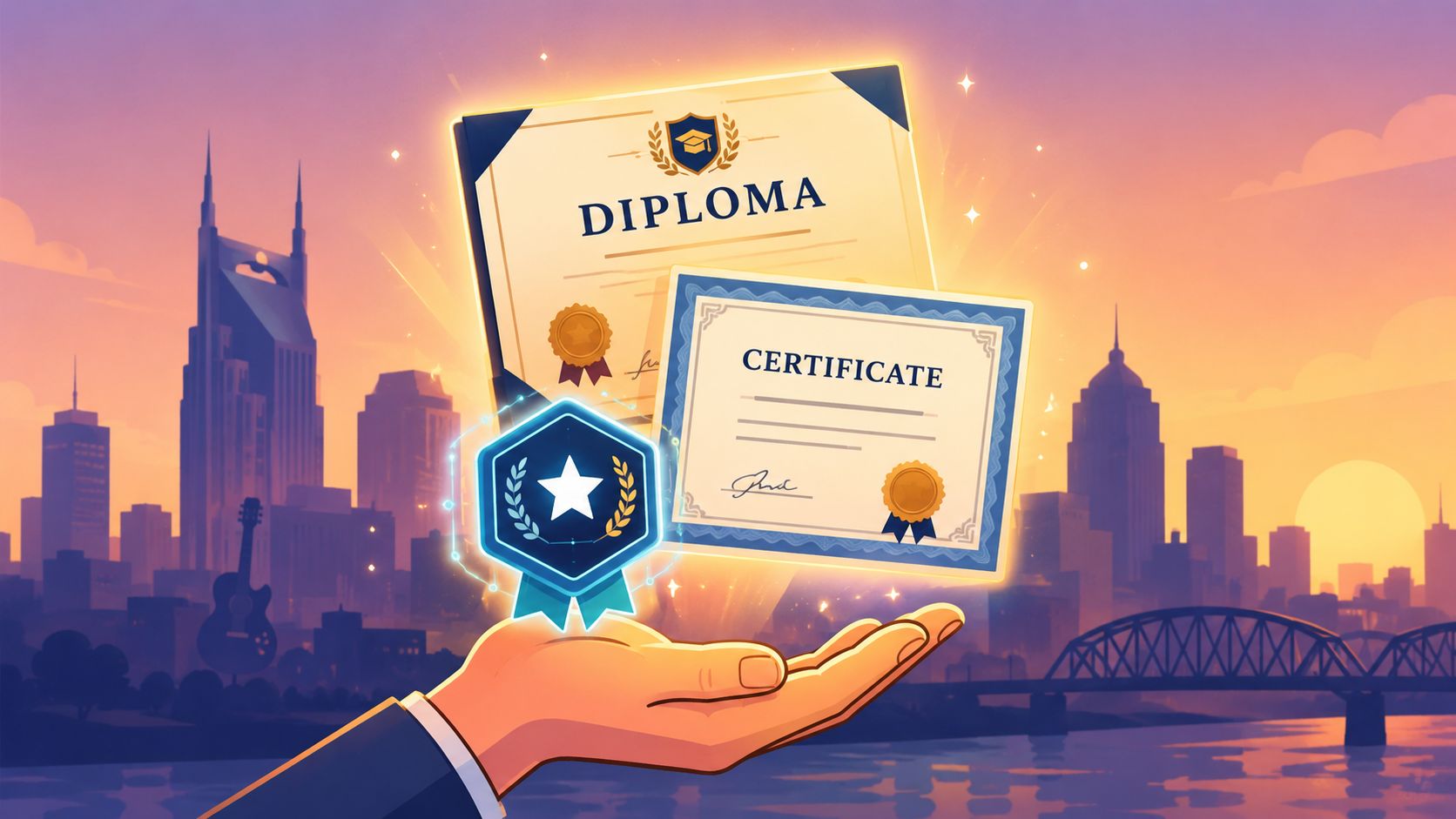 A hand holding a diploma, a certificate, and a badge in front of the Nashville skyline.