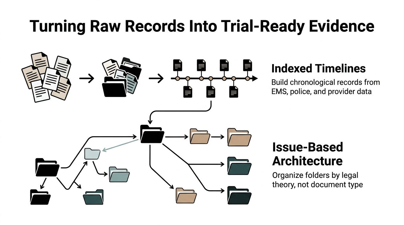 A diagram illustrating the transformation of raw documents into indexed timelines and organized issue-based legal case architectures.