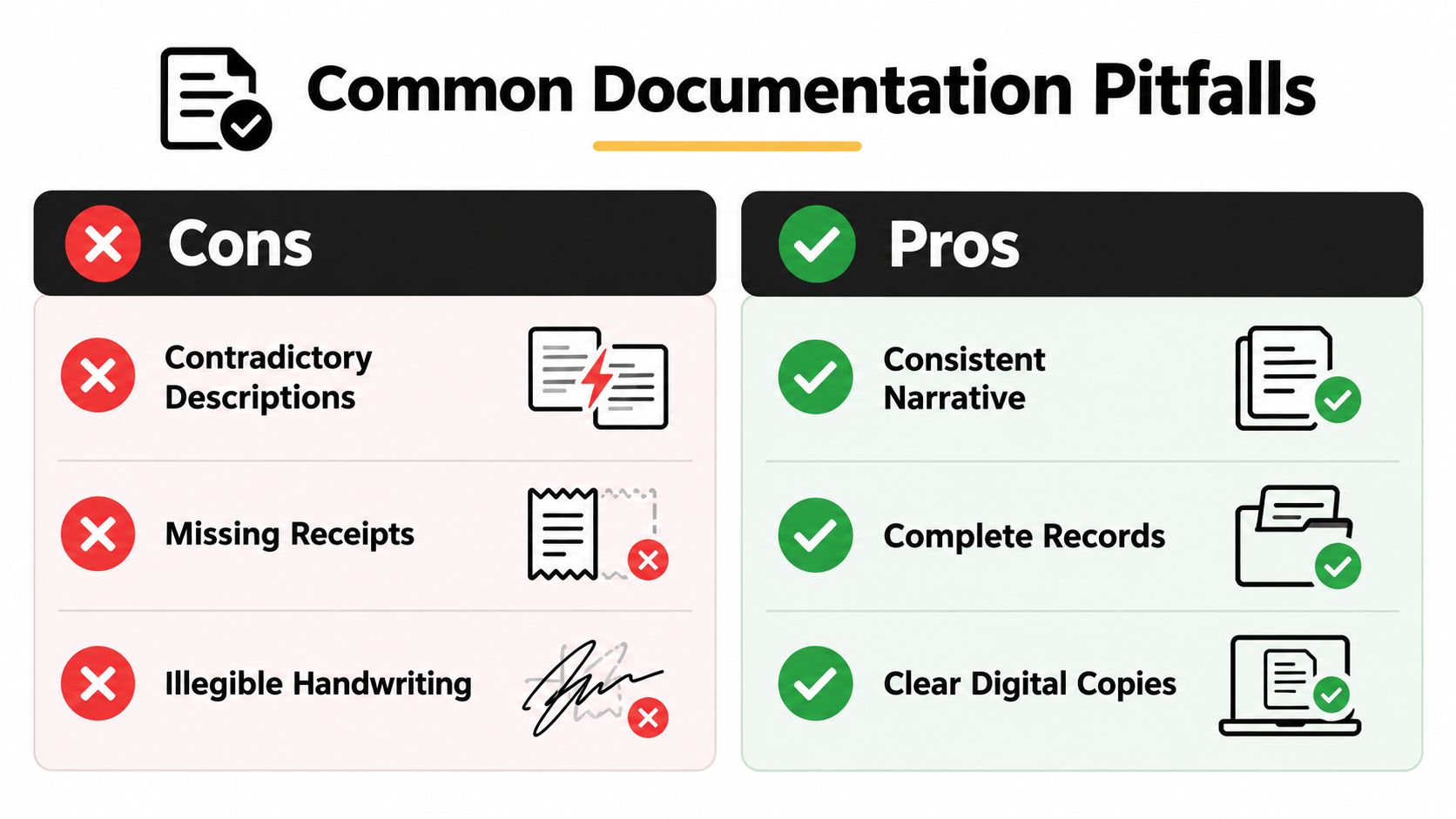 A comparison chart showing common pros and cons of insurance claim documentation, including contradictory descriptions and records.