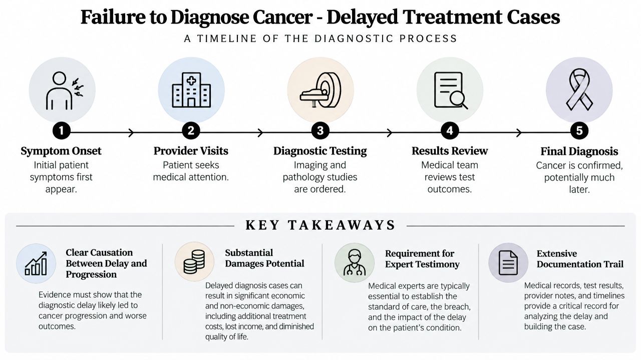 A diagnostic process timeline showing the steps from symptom onset to a final cancer diagnosis.