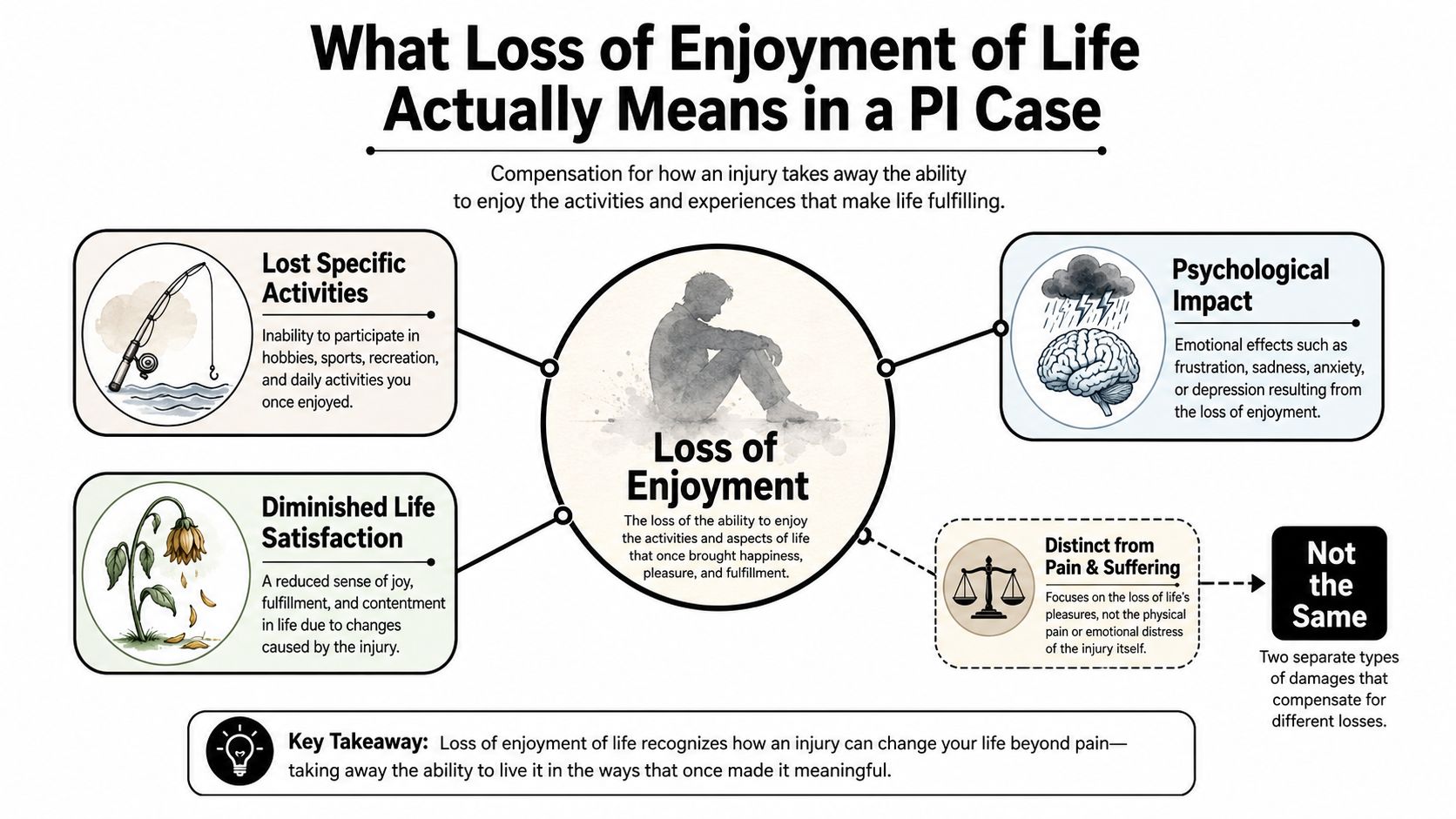 An infographic explaining the legal concept of loss of enjoyment of life in personal injury cases.