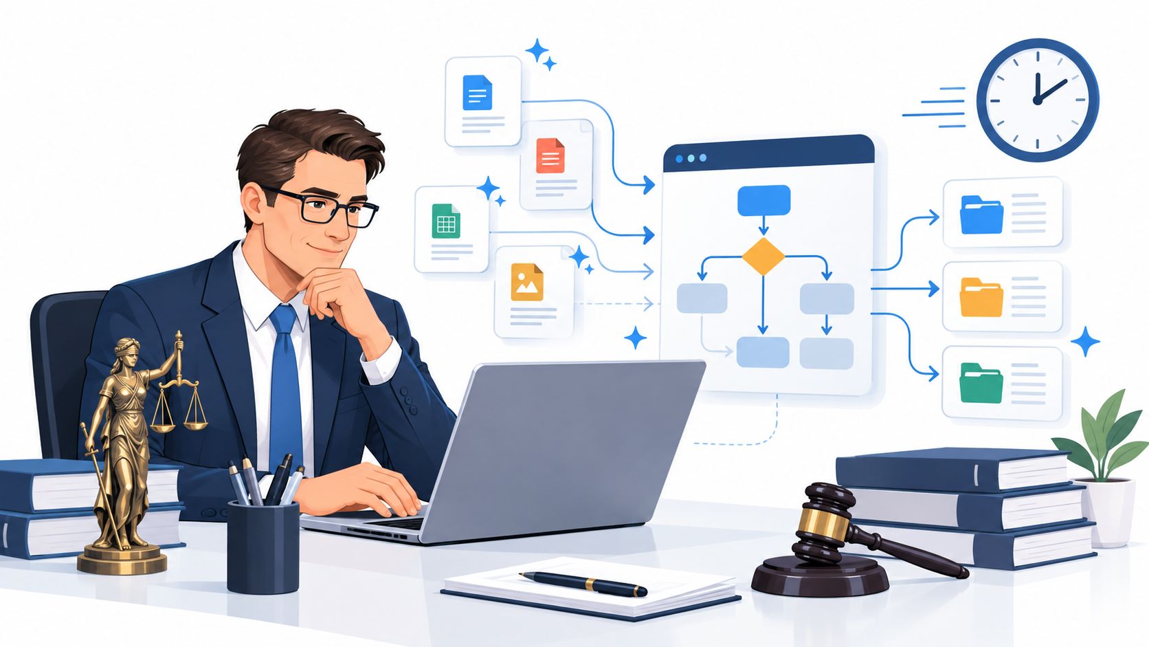 A legal professional using laptop software to streamline and automate case management and document filing processes.