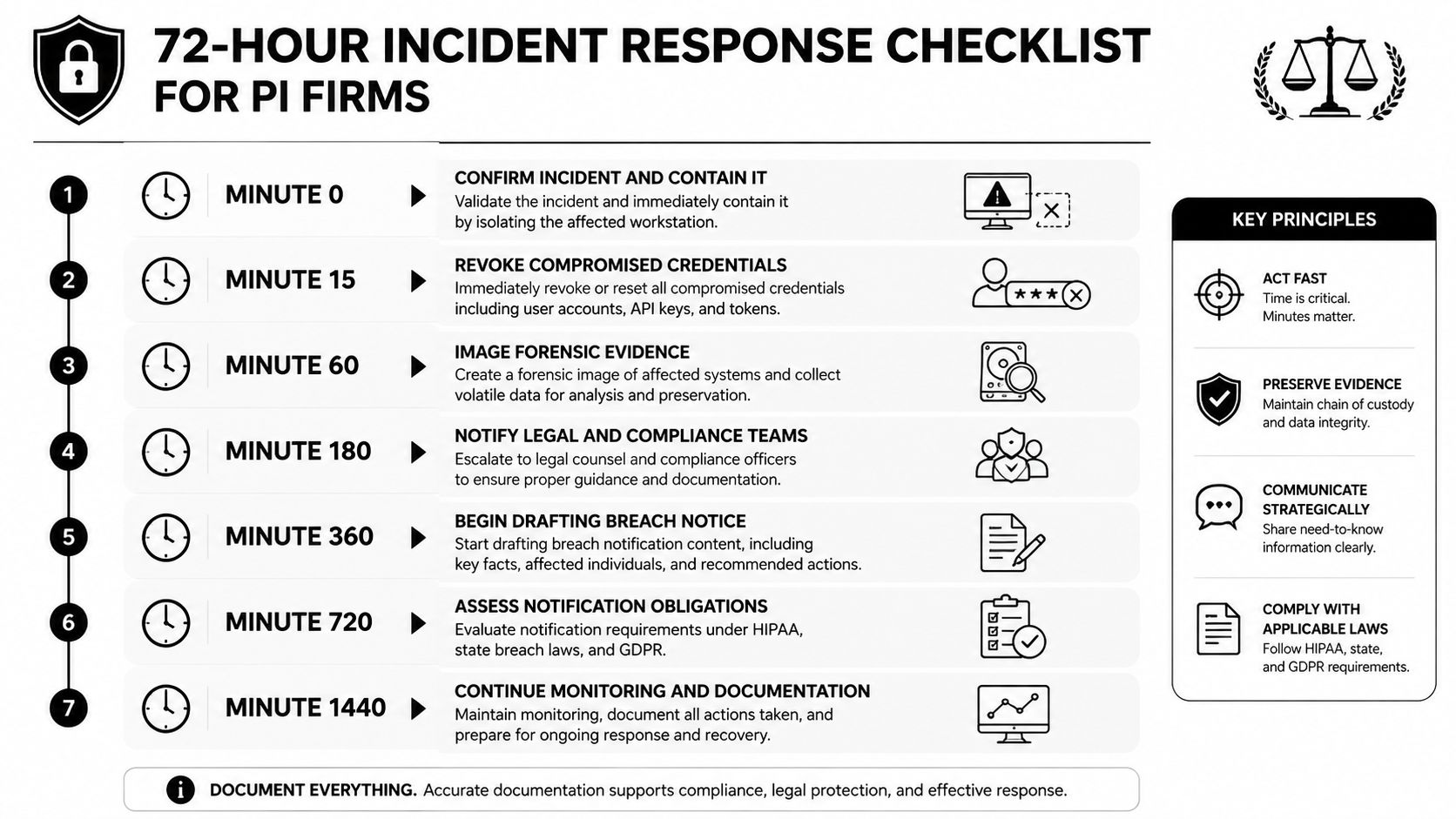 A checklist infographic outlining seven critical incident response steps for PI firms during a data breach.