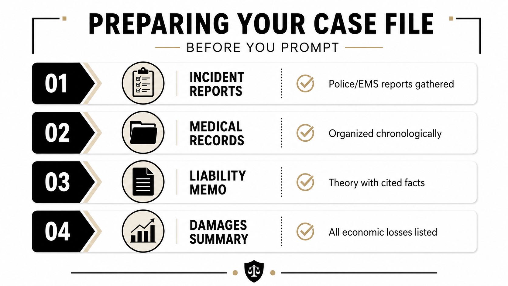 A four-step checklist for preparing a legal case file including incident reports, medical records, liability, and damages.