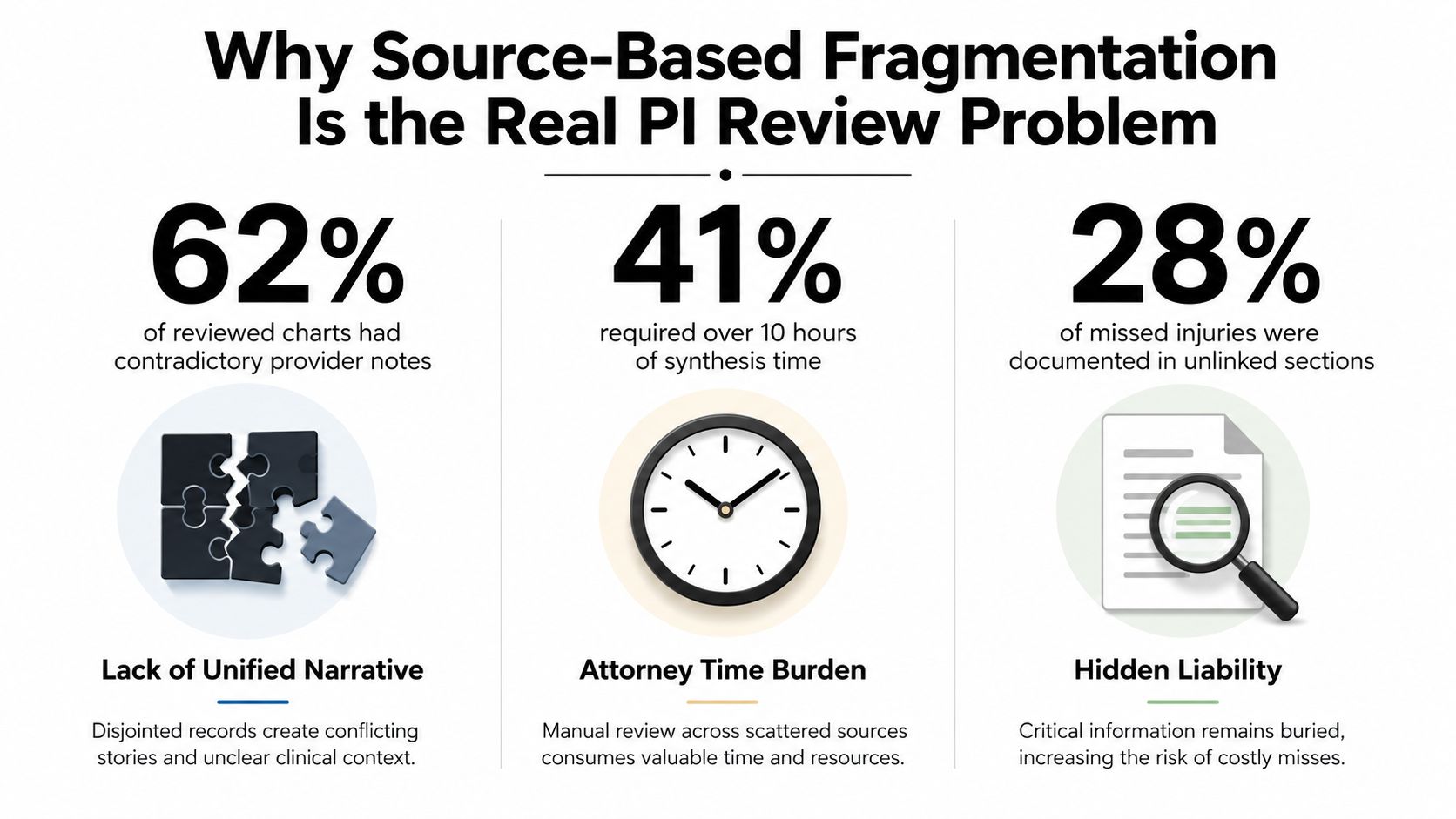 An infographic highlighting the problems of source-based fragmentation in personal injury medical record reviews.