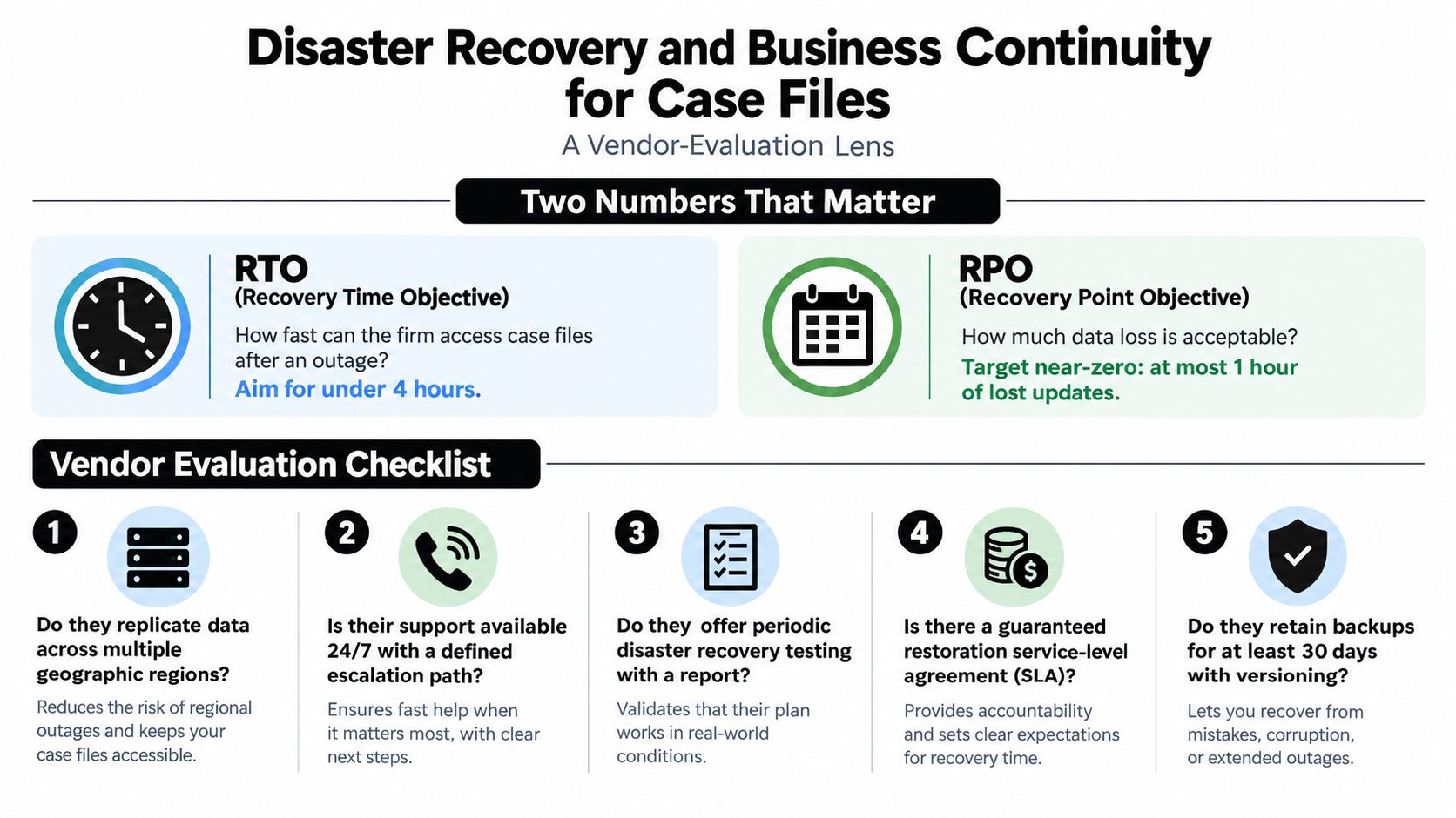 An infographic detailing disaster recovery and business continuity metrics and a vendor evaluation checklist for case files.