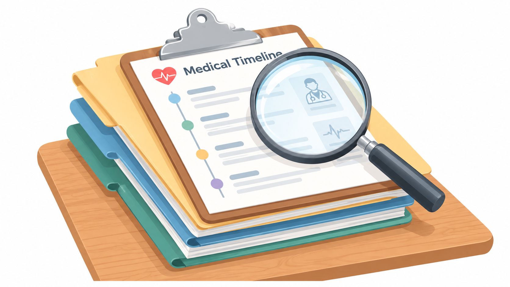 A magnifying glass resting on a medical timeline document placed on top of stacked patient files.