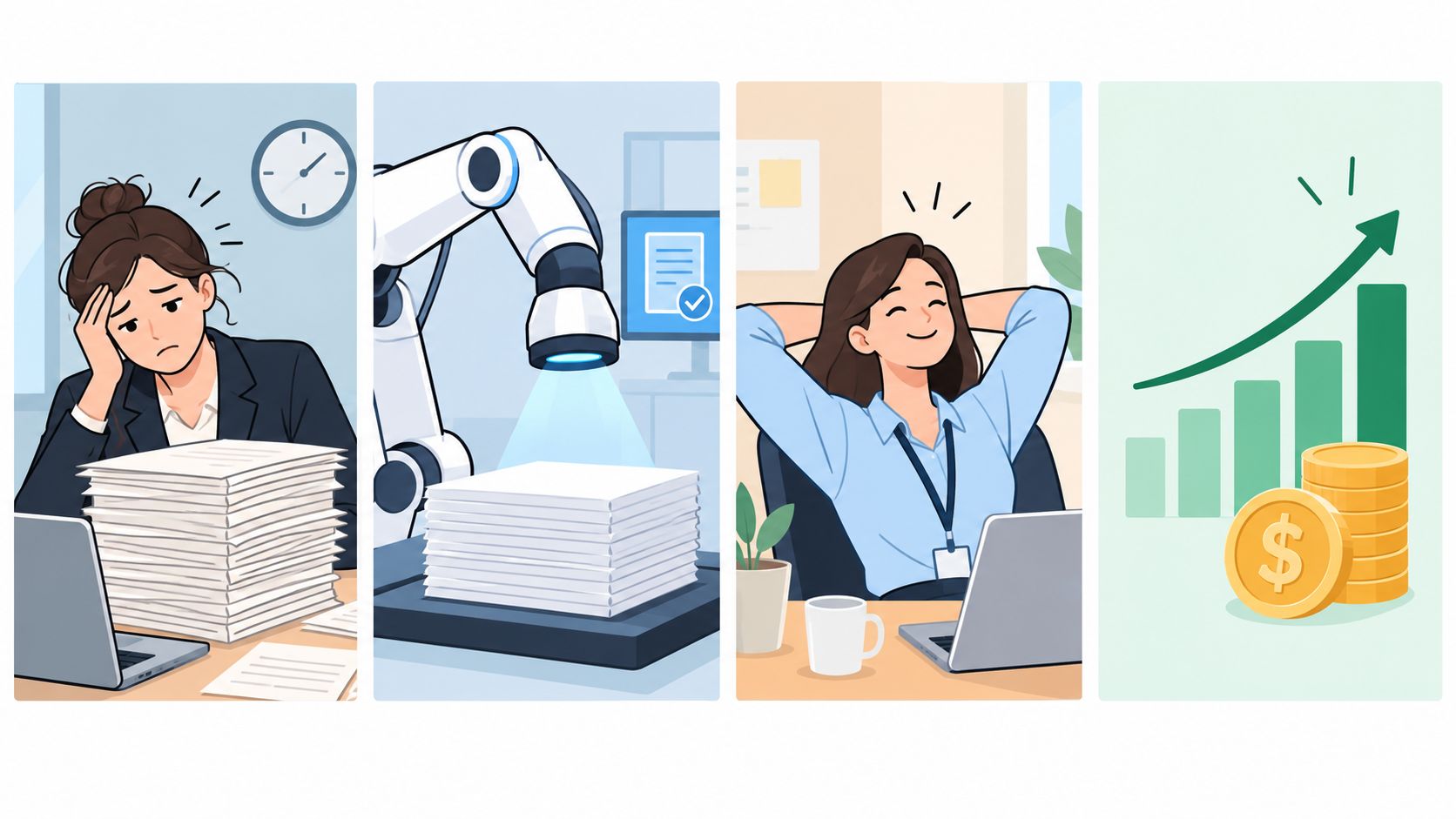 A sequence showing a stressed woman, an automated robotic arm, a relaxed woman, and financial growth charts.