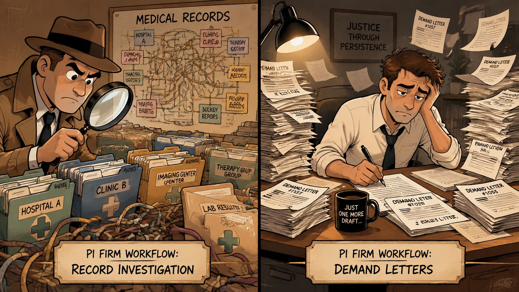 A split-screen illustration comparing medical record investigation with the tedious process of drafting legal demand letters.