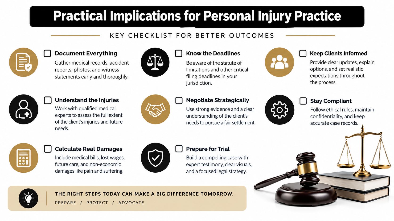 An infographic checklist for personal injury law practice, outlining essential steps for better case outcomes and advocacy.